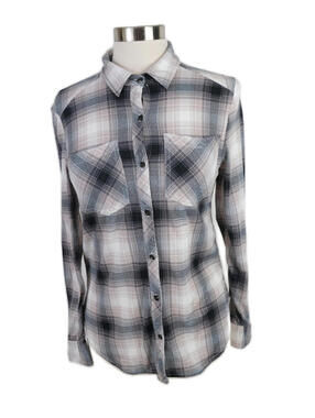 Daytrip Womens Button Up Black Gray Taupe Plaid Blouse Shirt Small